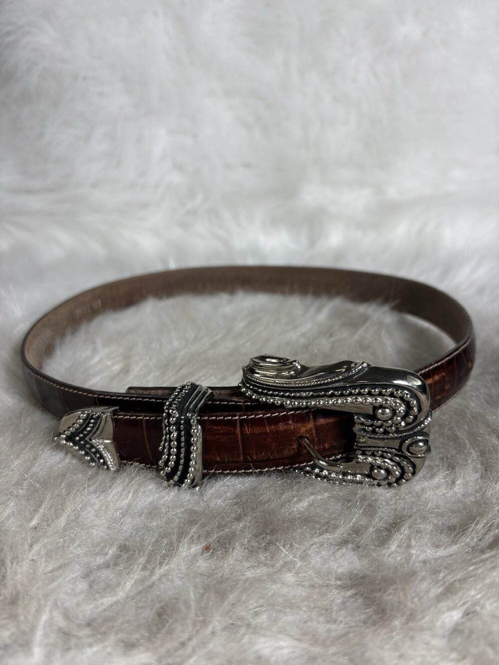 Pat Areias Vintage Calfskin Leather Belt Sterling Silver Buckle Size S